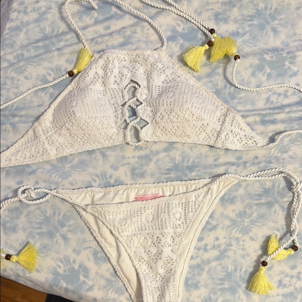 Victoria's Secret White Crochet Bikini with Yellow Tassels